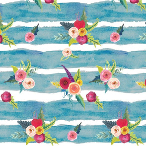 Watercolor Stripe with Floral // Cerulean 