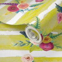 Watercolor Stripe with Floral // Chartruese 
