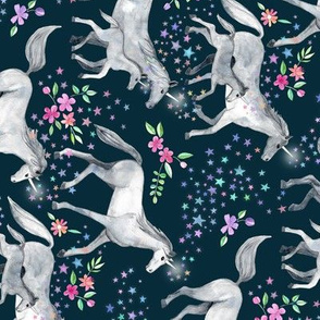 Horizontal Mom and baby unicorns with stars on dark