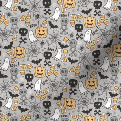 Halloween Doodle with Skulls,Bat,Pumpkin,Spider web,Ghost on Light Grey Tiny Small