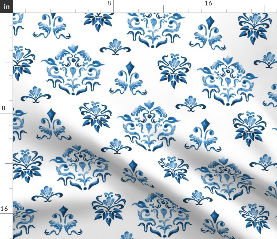 17-10M Indigo Blue Boho Damask Watercolor  Home Decor White Navy_ Miss Chiff Designs