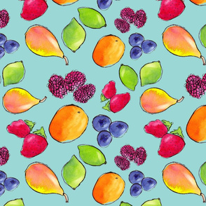 Watercolor Fruit on Cyan Background 