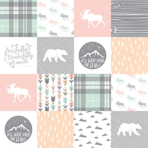 Pink , Mint, Grey,  Peach Fearfully and Wonderfully Made - Patchwork woodland quilt top
