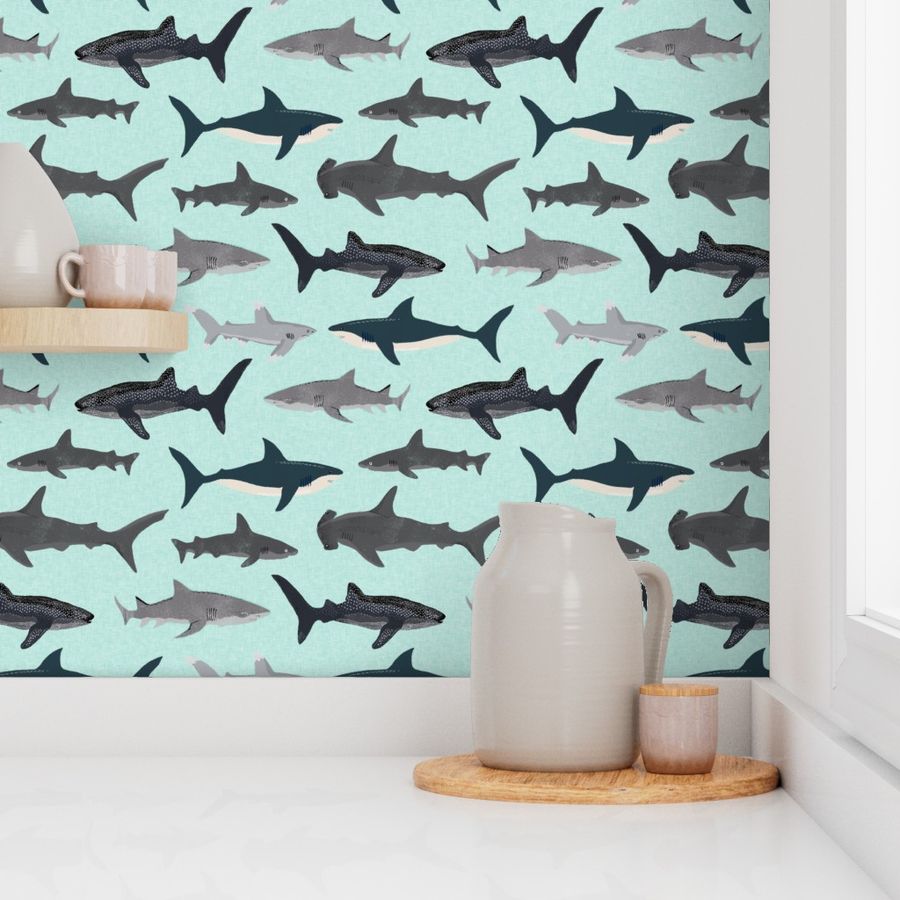 shark fabric // mint shark boys kids ocean animal sea creature hammerhead great white whales sharks shark fabric