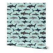 shark fabric // mint shark boys kids ocean animal sea creature hammerhead great white whales sharks shark fabric