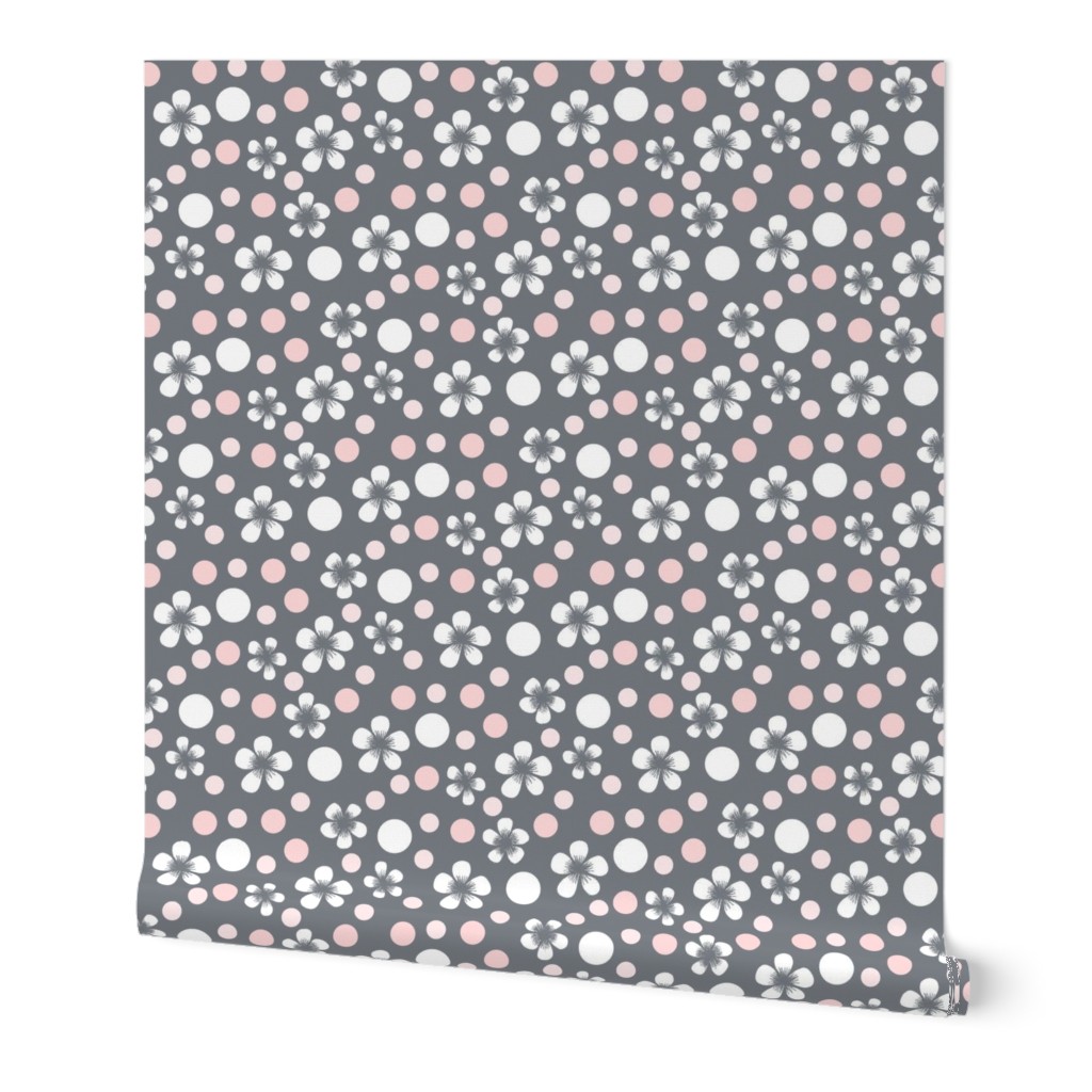 Apple Blossoms and Dots, Pink, Gray