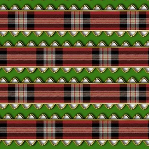 Red Plaid Ribbon Edged In Faux Gold Rick Rack on Green