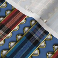 Red and Blue Plaid Ribbon Edged in Faux Gold Rick Rack on Blue