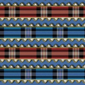 Red and Blue Plaid Ribbon Edged in Faux Gold Rick Rack on Blue