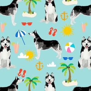 Husky beach summer dog fabric pattern blue tint