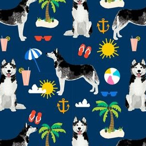 Husky beach summer dog fabric pattern navy