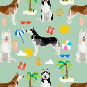 Husky beach summer dog fabric pattern mint