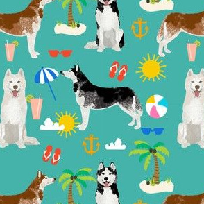 Husky beach summer dog fabric pattern turquoise
