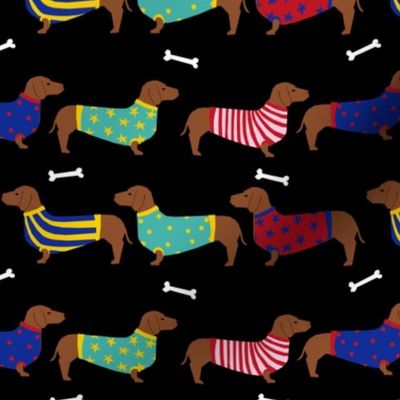 dachshund dog fabric  dogs in sweaters fabric doxie dog design - black