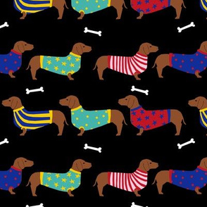 dachshund dog fabric  dogs in sweaters fabric doxie dog design - black