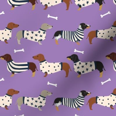 dachshund dog fabric  dogs in sweaters fabric doxie dog design - purple