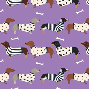 dachshund dog fabric  dogs in sweaters fabric doxie dog design - purple