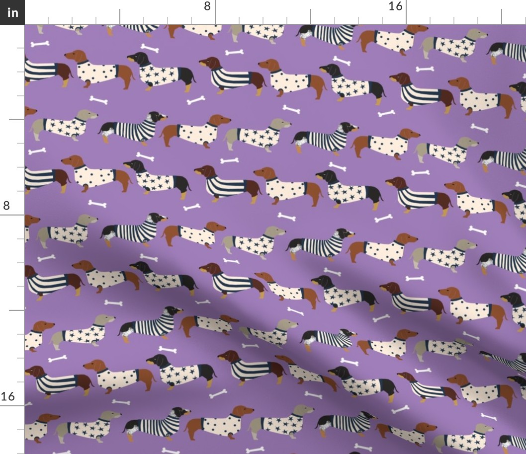 dachshund dog fabric  dogs in sweaters fabric doxie dog design - purple