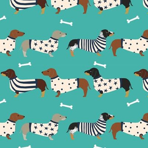 dachshund dog fabric  dogs in sweaters fabric doxie dog design - turquoise