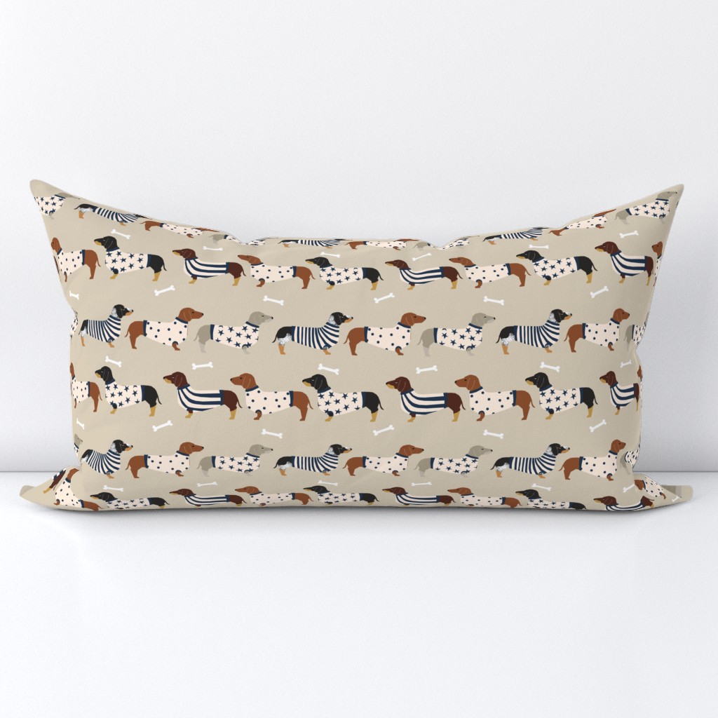 dachshund dog fabric  dogs in sweaters fabric doxie dog design - tan