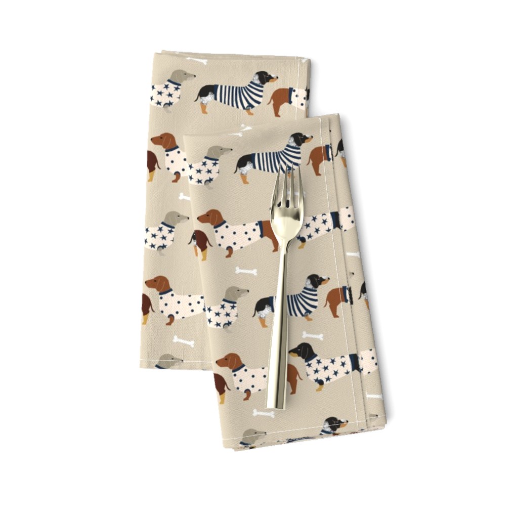 dachshund dog fabric  dogs in sweaters fabric doxie dog design - tan