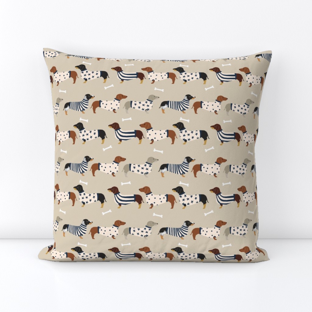 dachshund dog fabric  dogs in sweaters fabric doxie dog design - tan