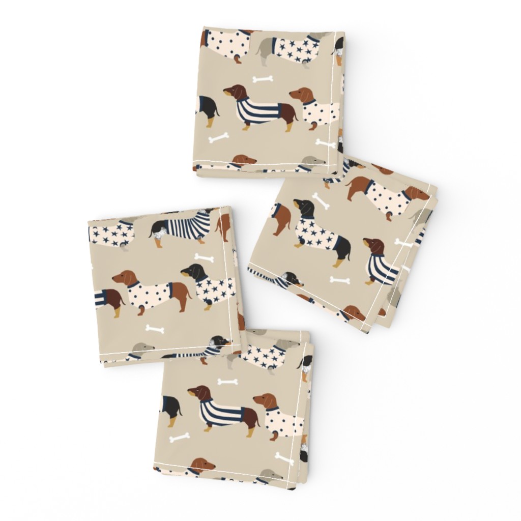 dachshund dog fabric  dogs in sweaters fabric doxie dog design - tan