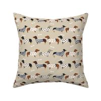 dachshund dog fabric  dogs in sweaters fabric doxie dog design - tan