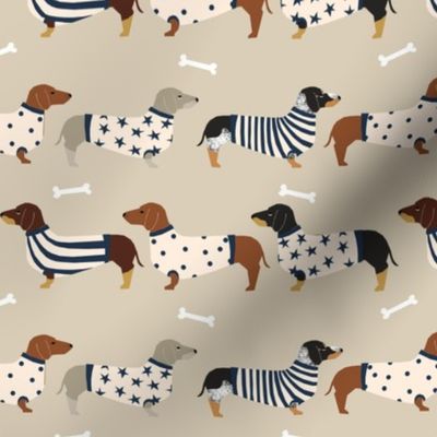 dachshund dog fabric  dogs in sweaters fabric doxie dog design - tan