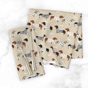 dachshund dog fabric  dogs in sweaters fabric doxie dog design - tan