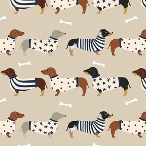 dachshund dog fabric  dogs in sweaters fabric doxie dog design - tan