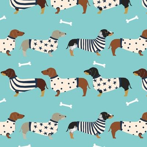 dachshund dog fabric  dogs in sweaters fabric doxie dog design - blue tint