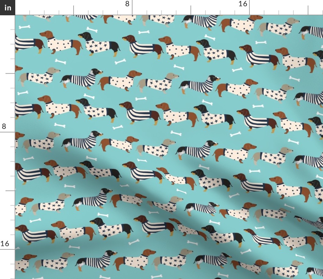 dachshund dog fabric  dogs in sweaters fabric doxie dog design - blue tint