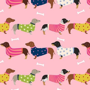 dachshund dog fabric  dogs in sweaters fabric doxie dog design - pink