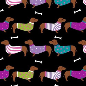 dachshund dog fabric  dogs in sweaters fabric doxie dog design - black