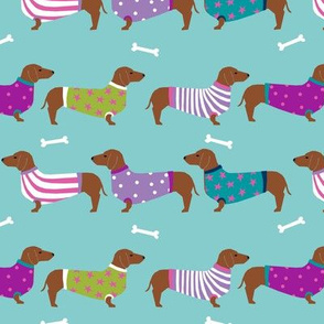 dachshund dog fabric  dogs in sweaters fabric doxie dog design - blue
