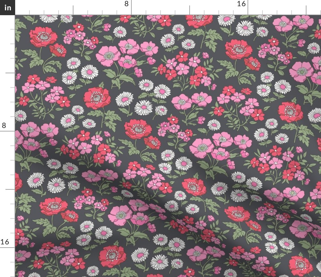 Floral Flowers Vintage Garden Pink Red  White On Dark Grey