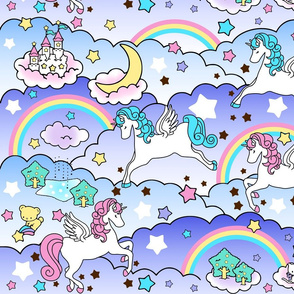 17 Pegasus winged unicorns pegacorns stars rainbows clouds trees ponds lakes teddy bears shooting cats fairy kei lolita sky skies pony ponies horses kawaii japanese inspired moon castles  colorful 