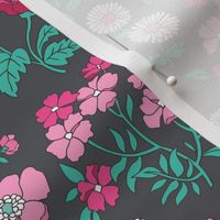 Floral Flowers Vintage Garden Pink White On Dark Grey