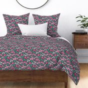 Floral Flowers Vintage Garden Pink White On Dark Grey