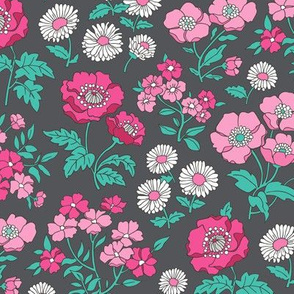 Floral Flowers Vintage Garden Pink White On Dark Grey