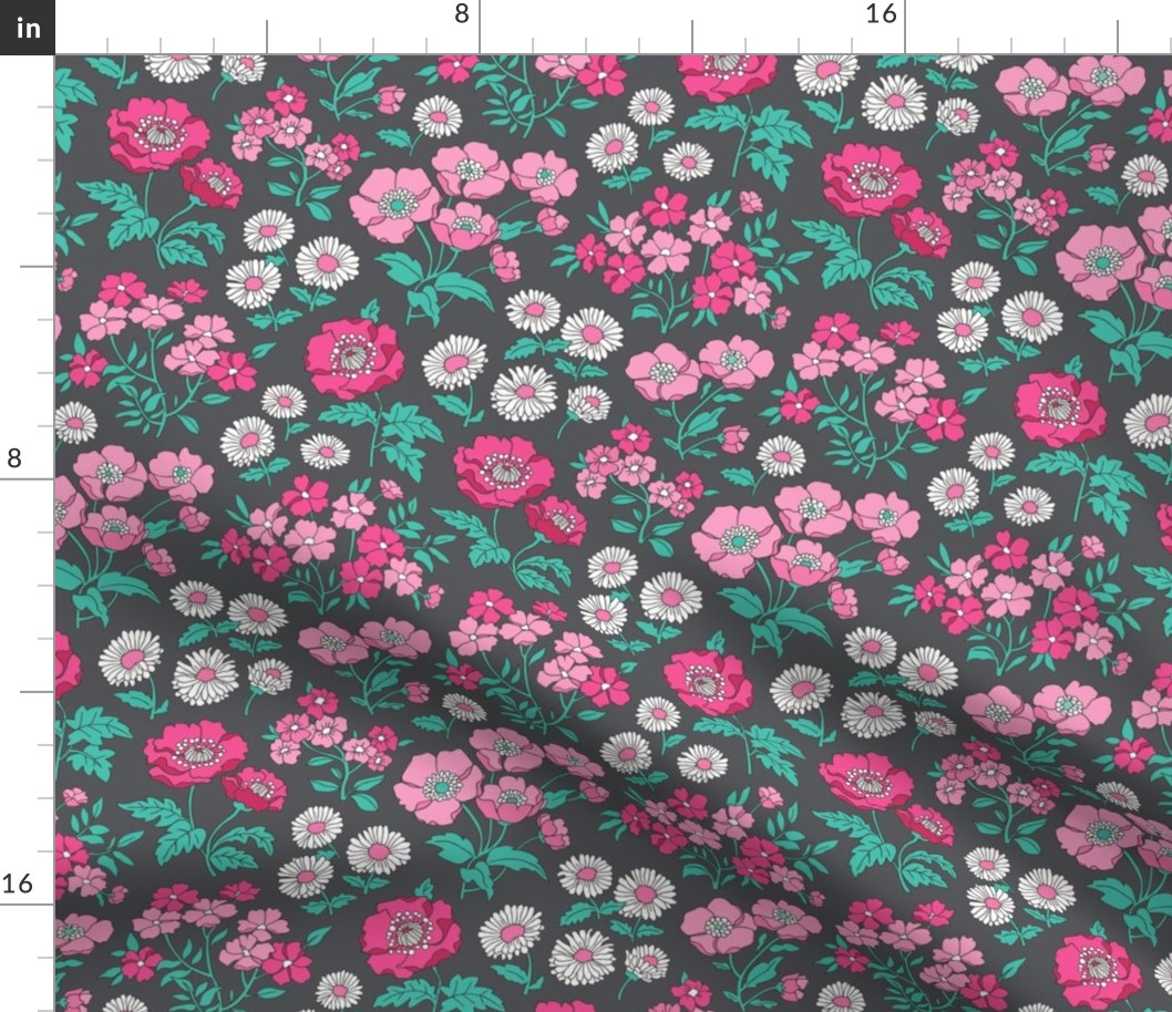 Floral Flowers Vintage Garden Pink White On Dark Grey