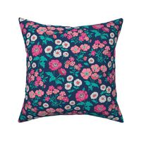 Floral Flowers Vintage Garden Pink Peach On Navy Dark Blue