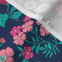 Floral Flowers Vintage Garden Pink Peach On Navy Dark Blue