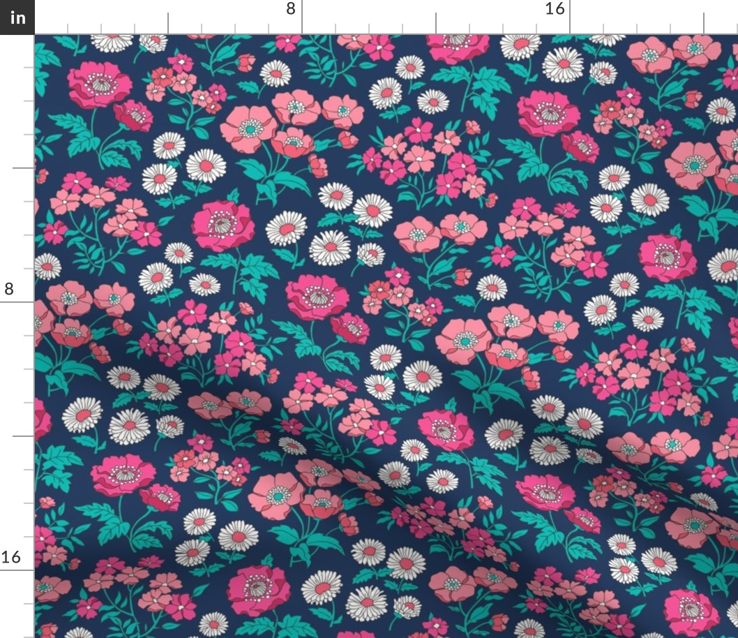 Floral Flowers Vintage Garden Pink Peach On Navy Dark Blue