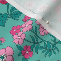 Floral Flowers Vintage Garden Pink On Mint Green