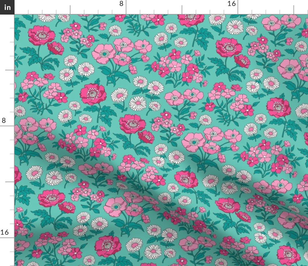 Floral Flowers Vintage Garden Pink On Mint Green