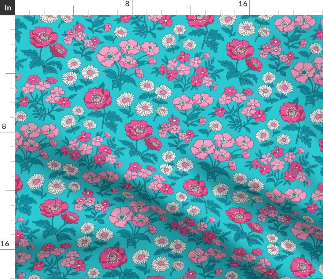 Floral Flowers Vintage Garden Pink On Aqua Blue