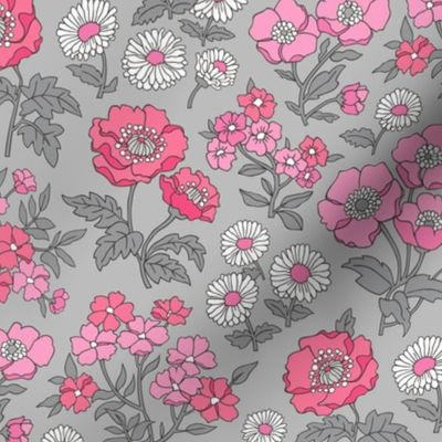 Floral Flowers Vintage Garden Pink White On Light Grey