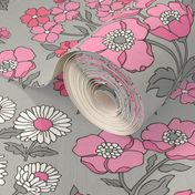 Floral Flowers Vintage Garden Pink White On Light Grey